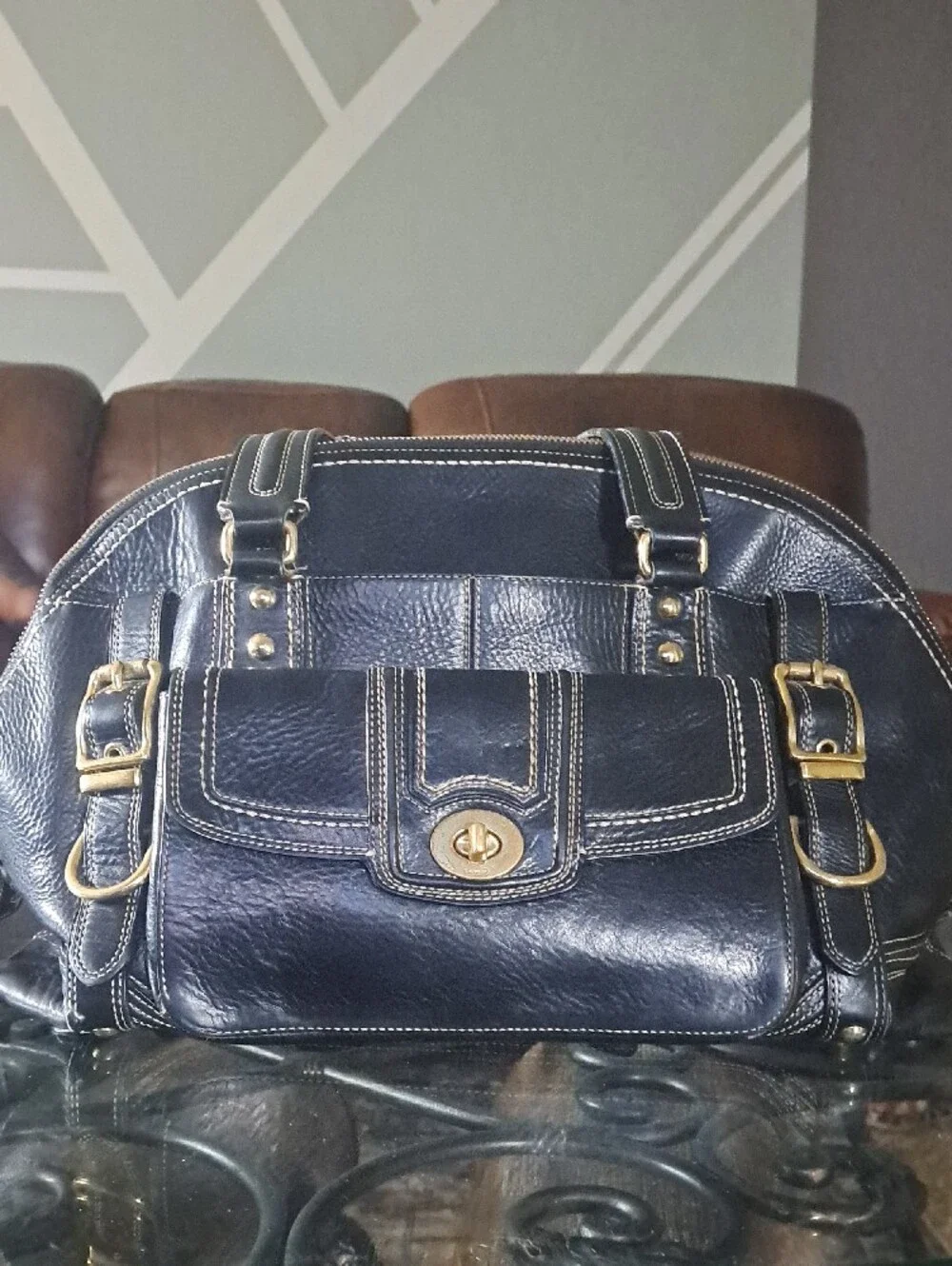 Classic Black Leather Satchel Handbag with Gold Hardware